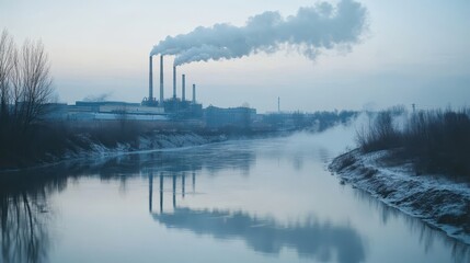 Fototapeta premium Industrial Plant by Polluted River at Dawn