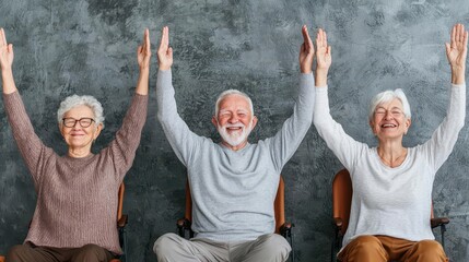 Group of elderly friends laughing while attempting a chair yoga pose together, Elderly group, yoga fun, group activity