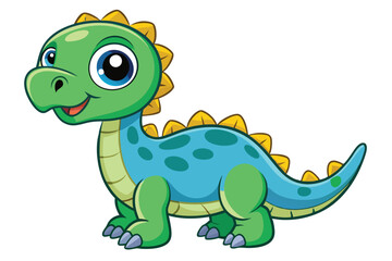 A playful baby dinosaur with big eyes smiles happily while exploring its colorful surroundings, a cartoon character baby dinosaur clipart