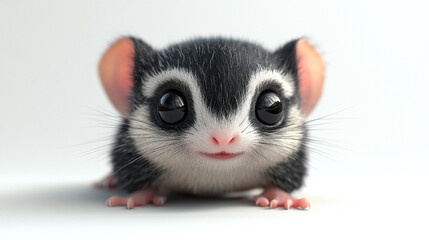 A cute baby sugar glider with big eyes and soft fur, showcasing its playful and curious nature in a bright, minimalist setting.
