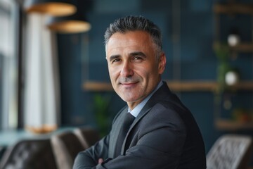 Fototapeta premium Middle-Aged Businessman. Confident Employer in Suit Posing for Head Shot in Office Interior