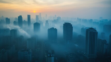 Smog Over Densely Populated City at Sunrise