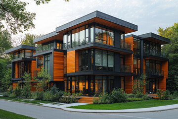 Fototapeta premium A modern apartment complex with bold, angular designs and a mix of glass, wood, and steel materials,