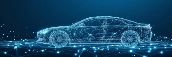 Futuristic Wireframe Car on Digital Network, Symbolizing AI and Innovation in Automotive Industry