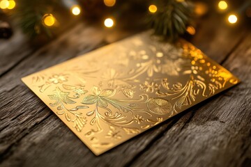 Fototapeta premium Luxury holiday greeting card with gold foil design on rustic wooden table