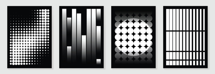 Abstract monochrome gradient poster background vector set. Modern cover template with black and white perspective geometric  prism shape, halftone dot. Ideal design for social media, banner, ads.