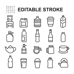 Set of Simple Water Container Related Vector Line Icons. Contains Icons like Bottle, Teapot, Water Tap and more.