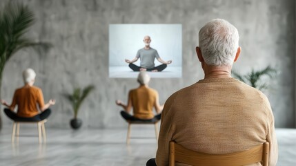 Seniors following along in a virtual chair yoga class, instructor on screen while they sit on chairs, Elderly group, virtual yoga, chair poses