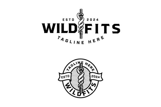 snake wrapped around olympic bar outline badge logo design set for gym fitness sport. barbell power bar with viper, python illustration logo template for bodybuilding, weightlifting club