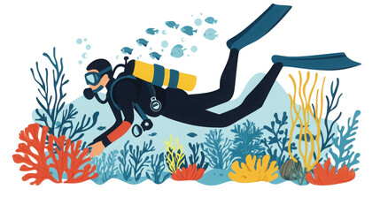 Diver exploring vibrant coral reefs in a colorful underwater scene.