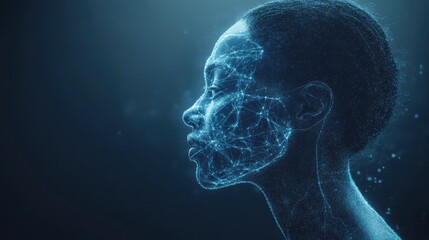 Digital wireframe face profile with neural network, futuristic AI technology concept, artificial intelligence, data visualization, advanced machine learning, innovation, human-machine interface