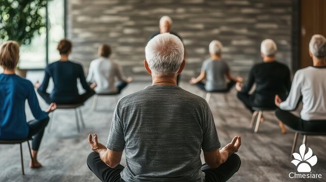 Seniors performing chair yoga with an instructor guiding them from the front of the room, Elderly group, yoga instructor, group session