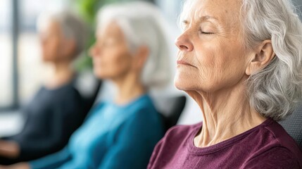 Seniors sitting in chairs, doing breathing exercises with eyes closed in a group yoga class, Elderly group, chair yoga, breathing exercises