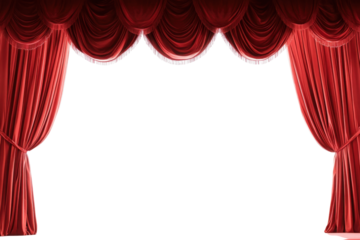 Elegant red theater curtain draping with luxurious fabric, isolated on white background.