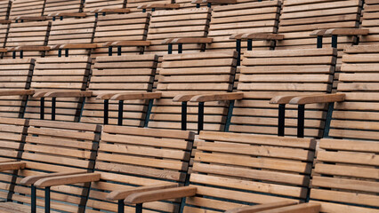 empty wooden classic park benches without people