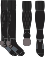 Black knee length sock tech pack flat sketch template cad illustration drawing unisex