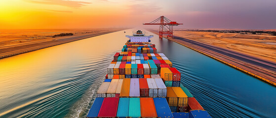 Vibrant sunset over a container ship navigating through a canal, showcasing colorful cargo containers and tranquil waters.