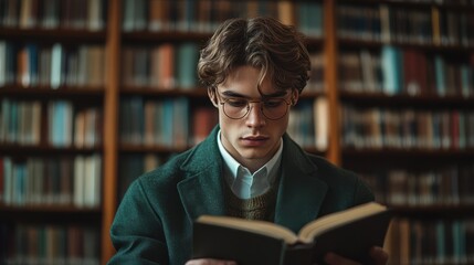 Young man in glasses reading a book inside a cozy library, surrounded by tall bookshelves filled with colorful books, focused and absorbed in learning, peaceful environment