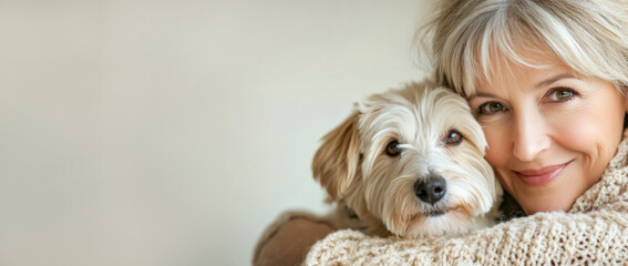 Fototapeta na wymiar A middle age woman with her small dog at home, people and their pets concept banner