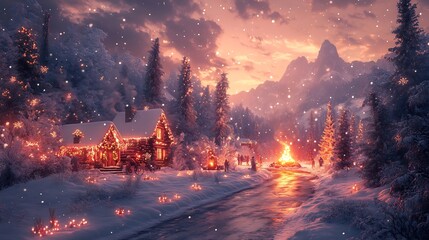 New Year celebration background a snowy landscape a cozy cabin and a bonfire surrounded by people enjoying the countdown and festive decorations