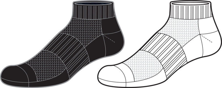 Ankle socks tech pack template flat sketch fashion illustration mock up cad drawing for unisex men's and women's sock design. Ankle length socks drawing.	