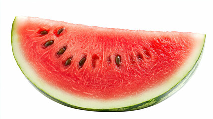 Fresh Watermelon Slice with Juicy Red Flesh and Seeds - A vibrant slice of watermelon showcasing the juicy red flesh and dark seeds against a clean white background.