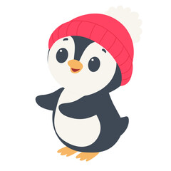 Penguin in a winter hat. Vector isolated illustration