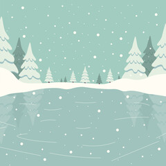 Winter frozen lake scene. Skating rink concept in the forest. Vector flat illustration
