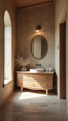 Bathroom with a wooden vanity and a mirror