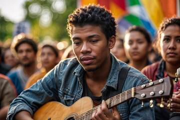 afro boy with spanish guitar in a peaceful protest in the street. concept activist music