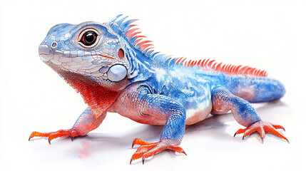 Obraz premium A vibrant blue lizard with red accents poses against a white background, showcasing its unique colors and textures in nature.