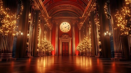 New Year celebration background a dramatic red and gold theme showcasing a grand party hall with lavish decorations and a countdown clock
