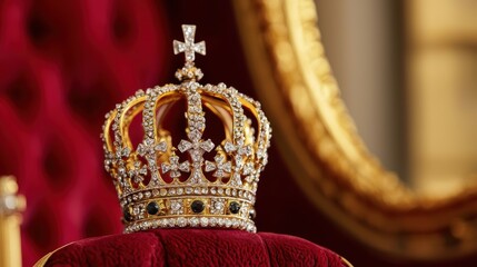 Golden Jeweled Crown on Red Velvet Symbolizing Monarchy Close-up of a luxurious golden crown encrusted with jewels, resting on red velvet, symbolizing absolute monarchy and royal authority