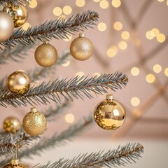 Obraz premium Elegant Christmas tree adorned with golden ornaments, creating a warm and festive atmosphere, perfect for holiday celebrations.