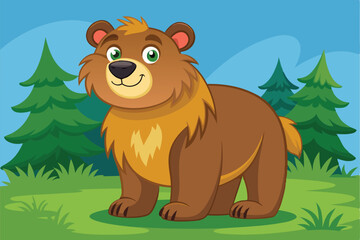 Fototapeta premium A cartoon bear smiles happily while enjoying a sunny day in the forest, a cartoon character Cartoon bear