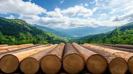 Deforestation with cut logs in mountain forest A stack of freshly cut logs in a mountainous forest landscape, highlighting deforestation and its environmental impact on natural habitats