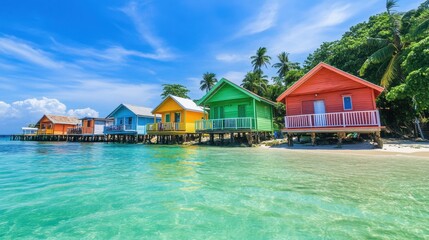 Colorful beachside bungalows with turquoise waters in front and a brilliant blue sky above, capturing tropical paradise.