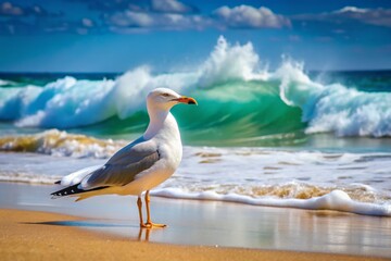 White seagull standing on a sandy beach with turquoise ocean waves crashing in the background