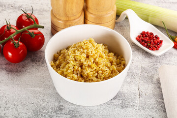 Boiled bulgur wheat in the bowl