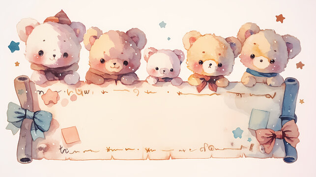 Four adorable cartoon bears peek over a blank scroll, perfect for adding your own message.