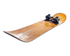 Snowboard with bindings on a white isolated background.