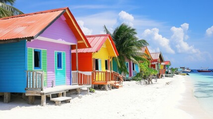 Obraz premium Colorful bungalows along a white sandy beach, with clear turquoise waters and a bright blue sky, perfect for travel and vacation.