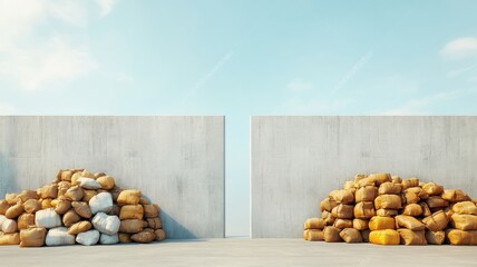A high wall separating two markets with goods piled up on either side