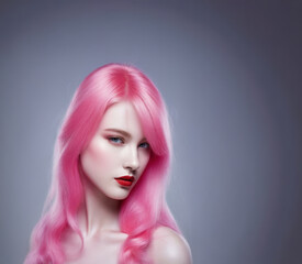 Young woman with pink hair in soft studio lighting, isolated on grey background, copy space