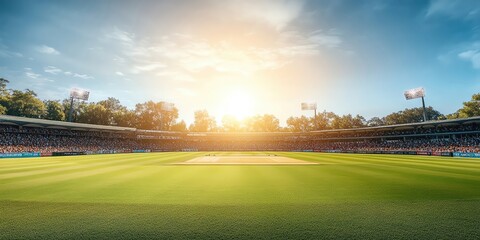 Cricket match in a sunlit stadium, with a wide-angle view of the field and surrounding crowd, copy space