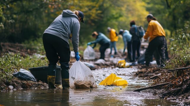 Volunteers Cleaning Up Trash in a Nature Preserve