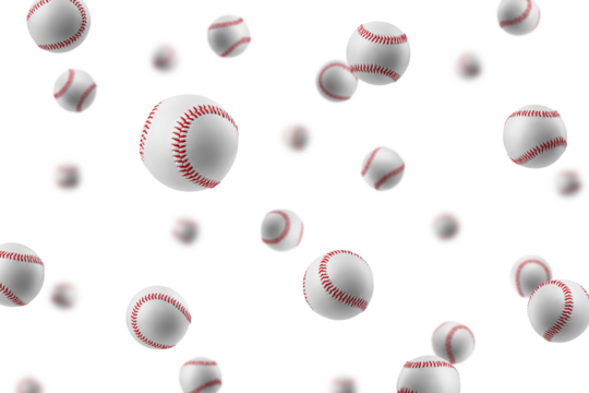 Falling Baseball ball isolated on white background, selective focus