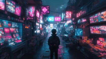 Fototapeta premium Cyberpunk marketplace with holographic displays, neon lights, dark tones, digital art