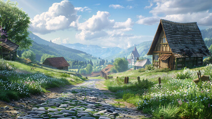 Quiet village with green rolling hills on the left side and a cobblestone road on the right and a lone wooden cabin at the forefront and with a sky that has a few drifting clouds. 