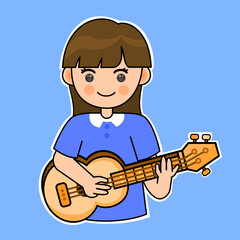 Cartoon Girl Playing Ukulele on a Blue Background. Vector Illustration. Small Guitar Instrument. Suitable for Adorable Stickers and Musical Performance Content
